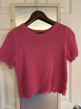 GAP Pink Crocheted Short Sleeve Sweater Top Size Petite Small